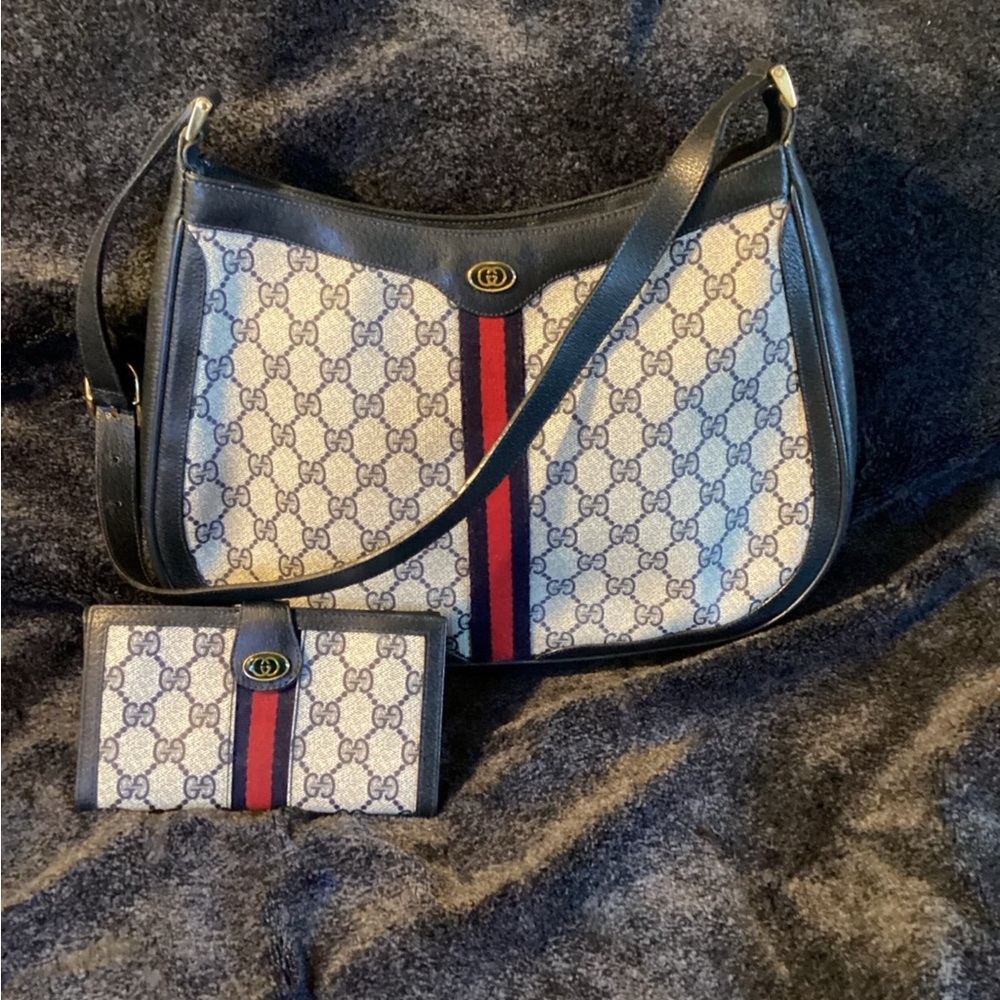 GUCCI NAVY OPHIDIA SUPREME SHOULDER BAG AND WALLET